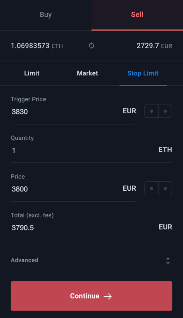 Stop limit order in Bitvavo geavanceerd