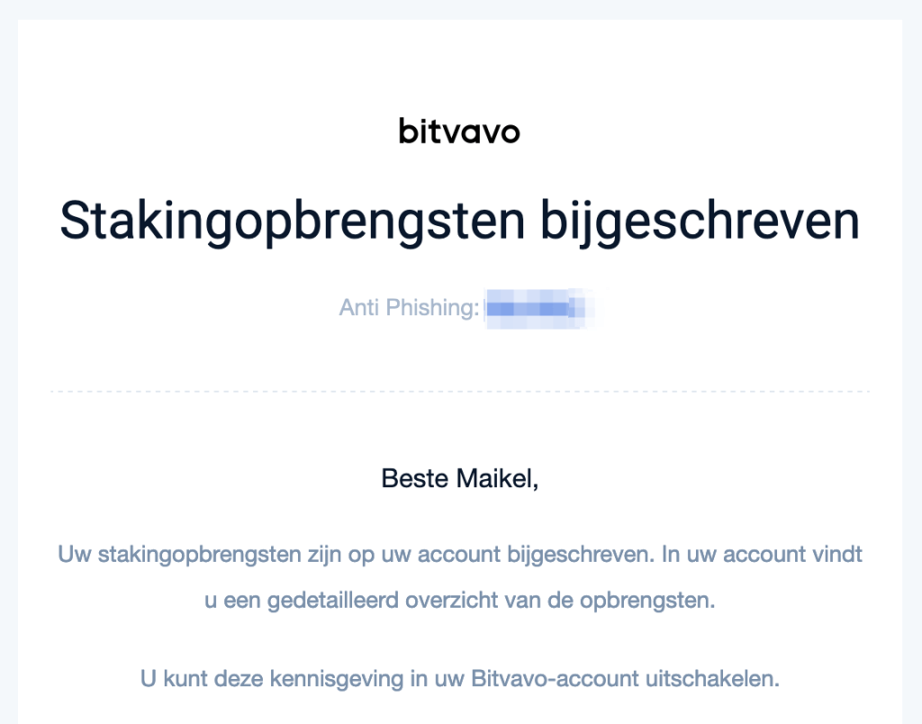 Mail stakingopbrengsten Bitvavo