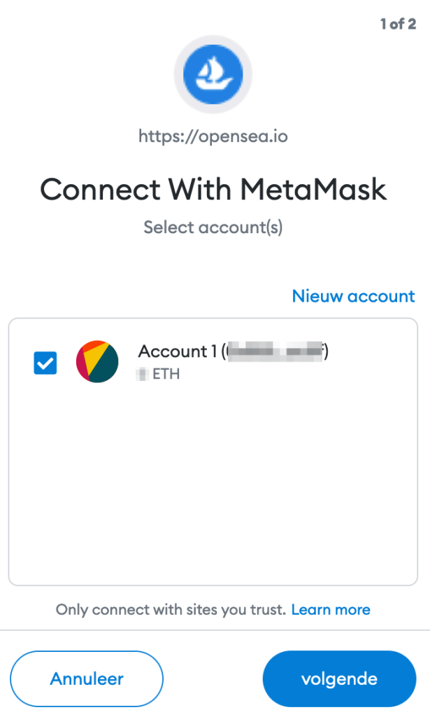 MetaMask koppelen aan OpenSea stap 1