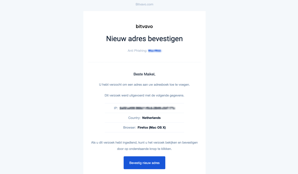 Bevestig nieuw adres toevoeging op Bitvavo
