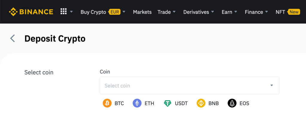 Selecteer een cryptomunt op Binance om te storten