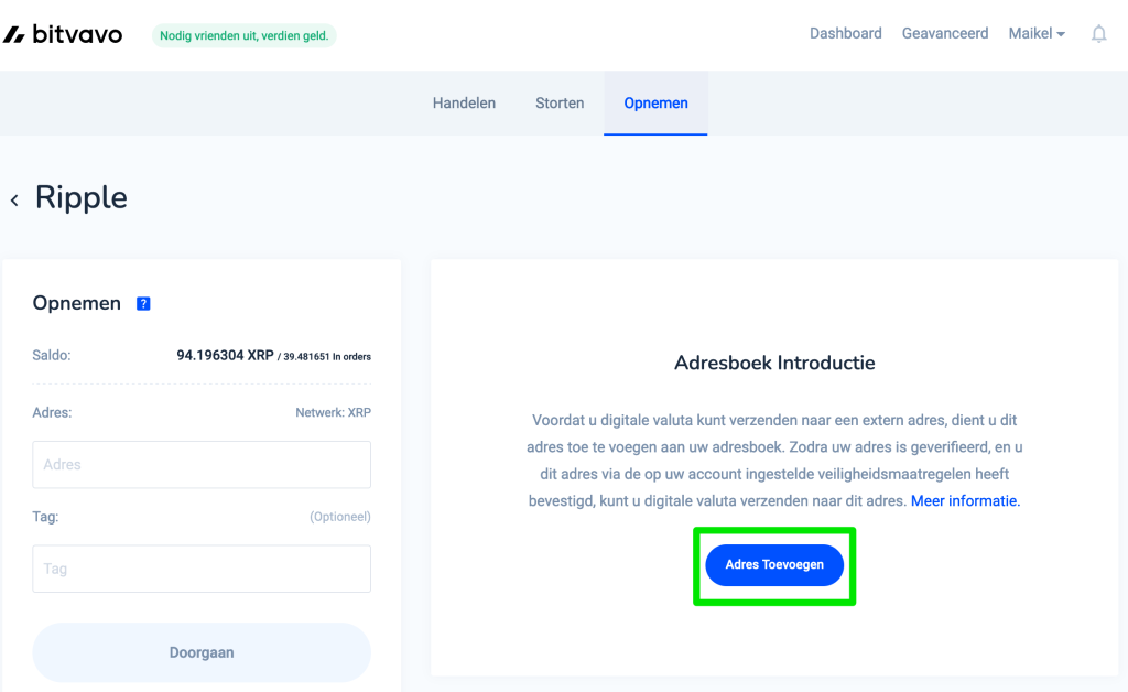 Bitvavo opnemen - Adres toevoegen