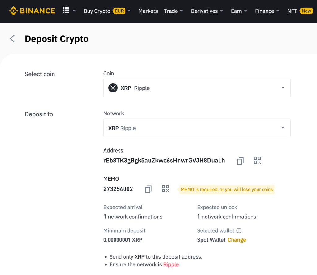 XRP (Ripple) ontvangstadres op Binance