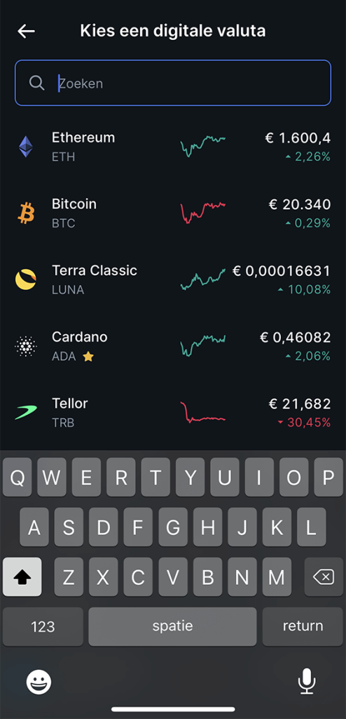 Digitale valuta uitkiezen om prijsmelding in te stellen in Bitvavo