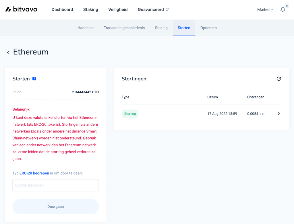 Enkel storten via ERC-20 (Ethereum netwerk)