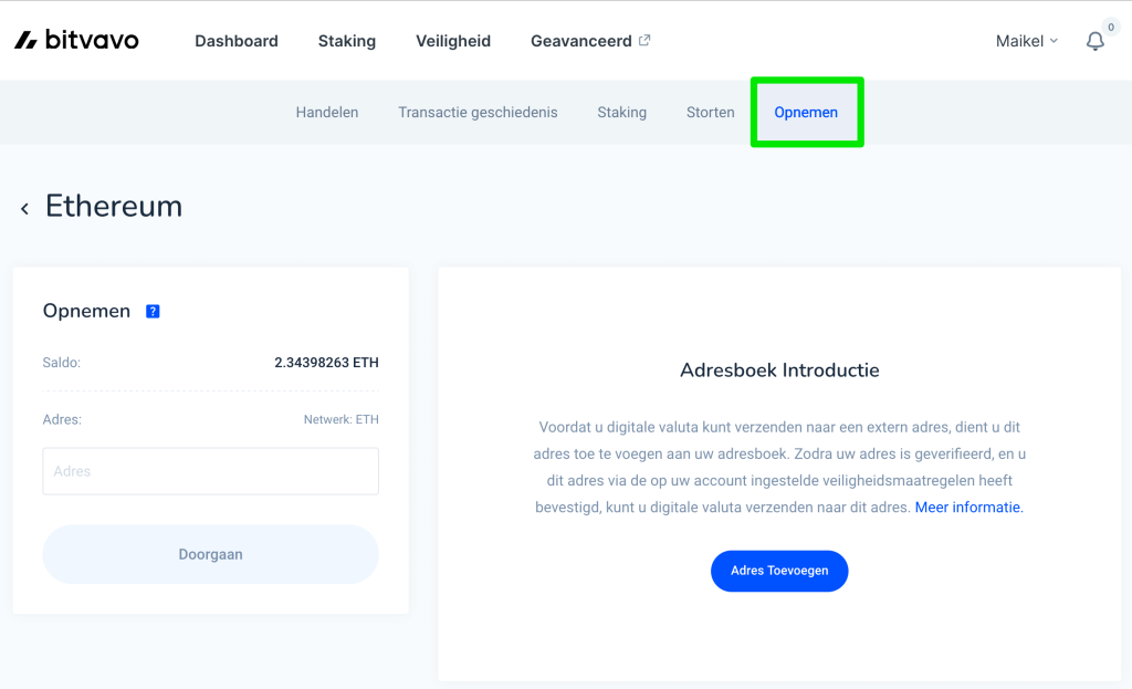 Ethereum opnemen via Bitvavo