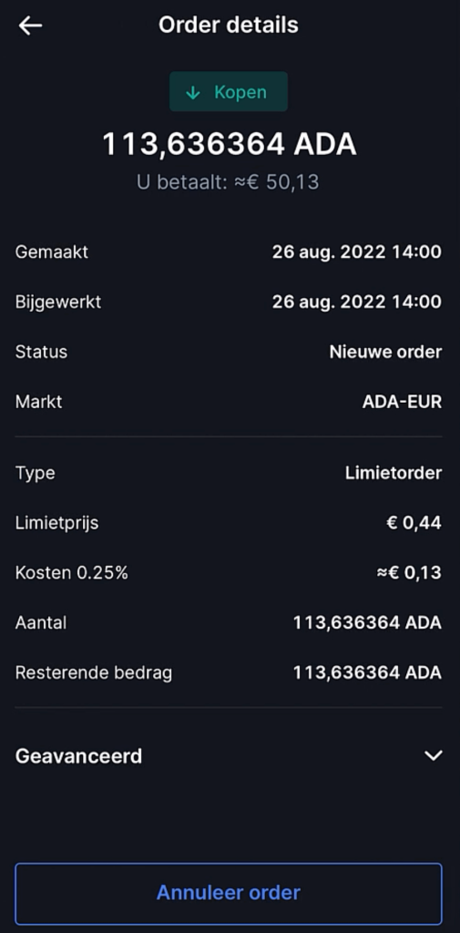 Limiet order annuleren via de Bitvavo app