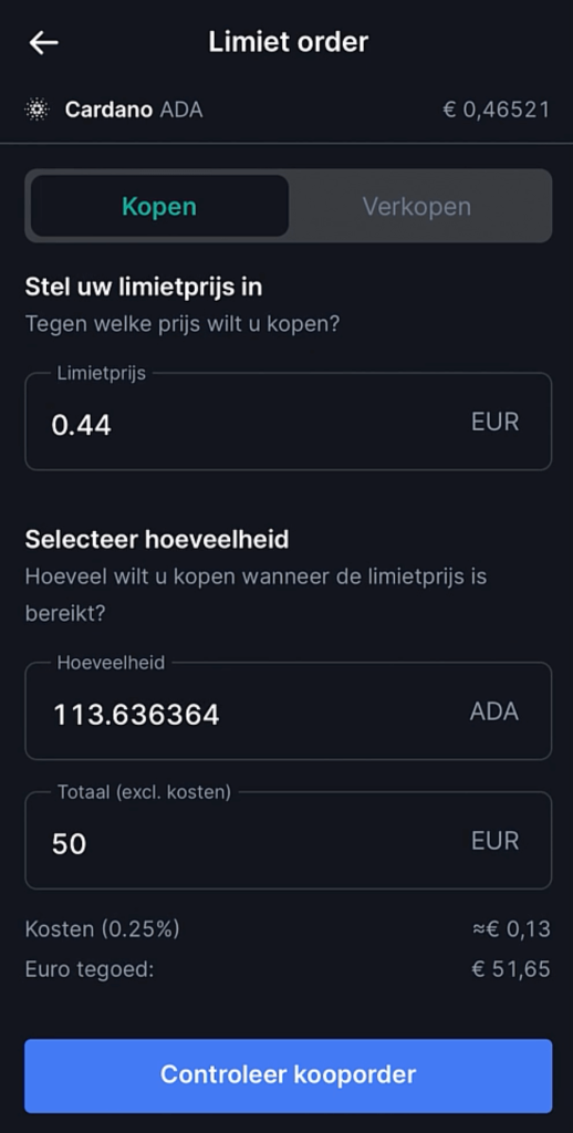 Limiet order plaatsen in de Bitvavo app