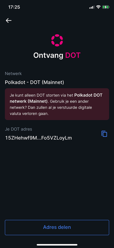 Polkadot adres in de Bitvavo app