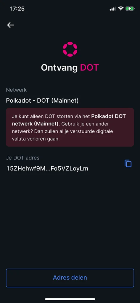 Polkadot adres in de Bitvavo app