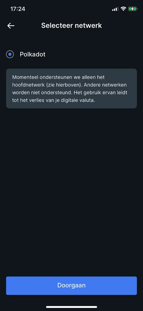 Polkadot netwerk selecteren in de Bitvavo app