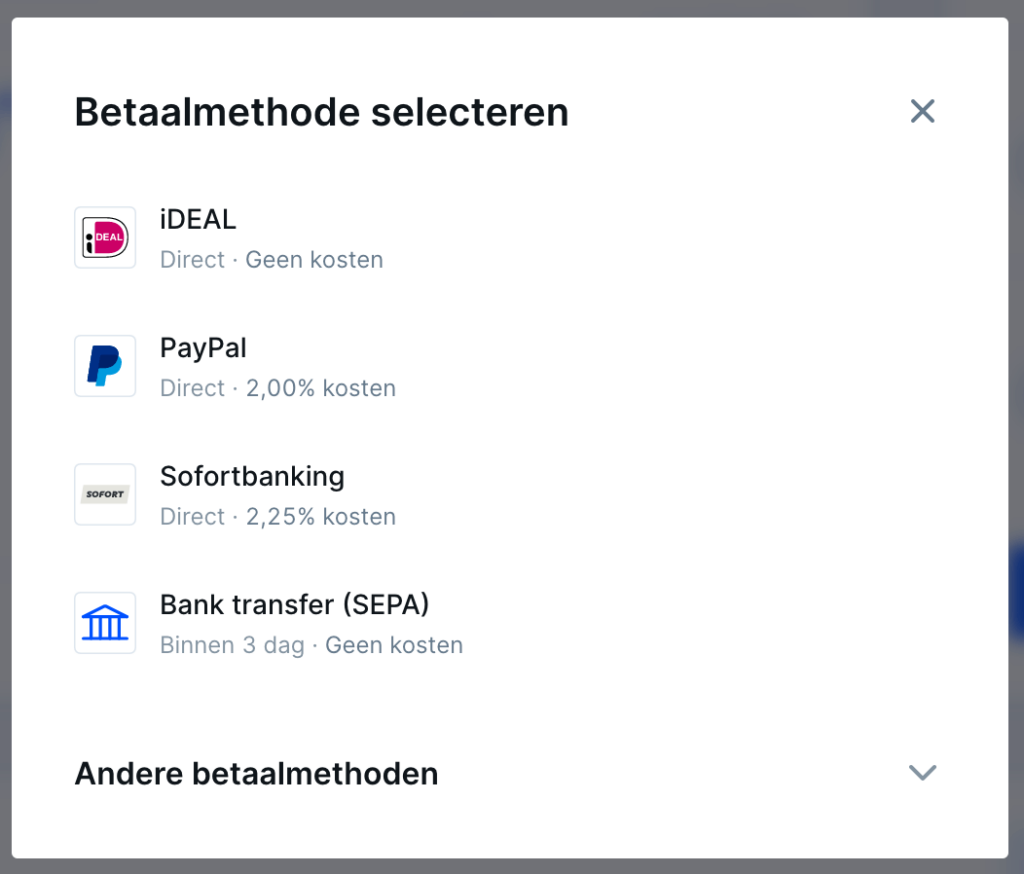 Betaalmethode selecteren bij Bitvavo