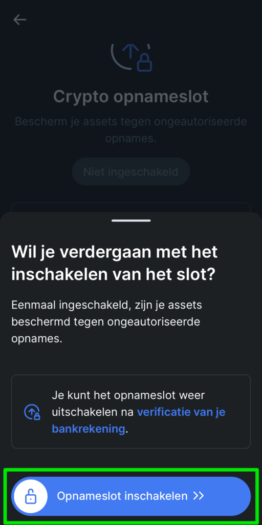 Bevestig het inschakelen van het Bitvavo crypto opnameslot