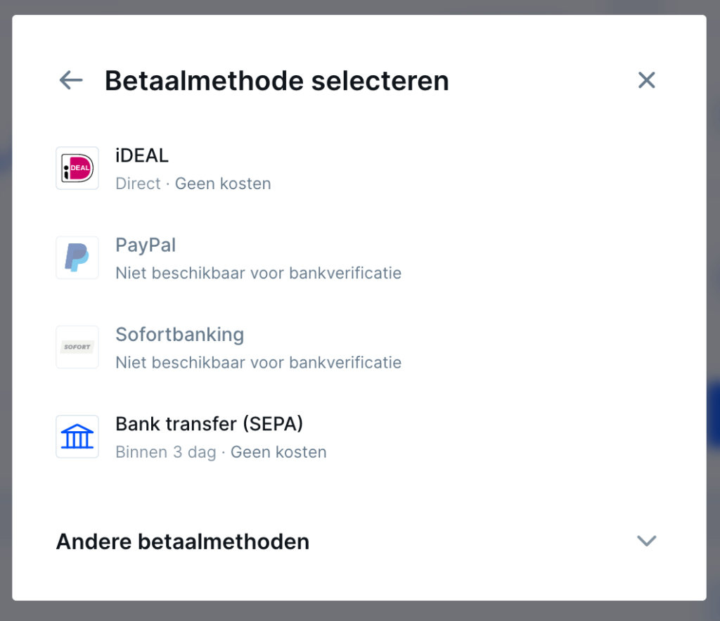 Bitvavo betaalmethode selecteren