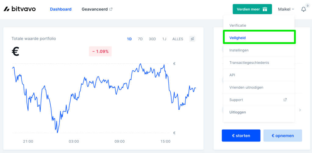 Bitvavo veiligheidsinstellingen bereiken via de browser