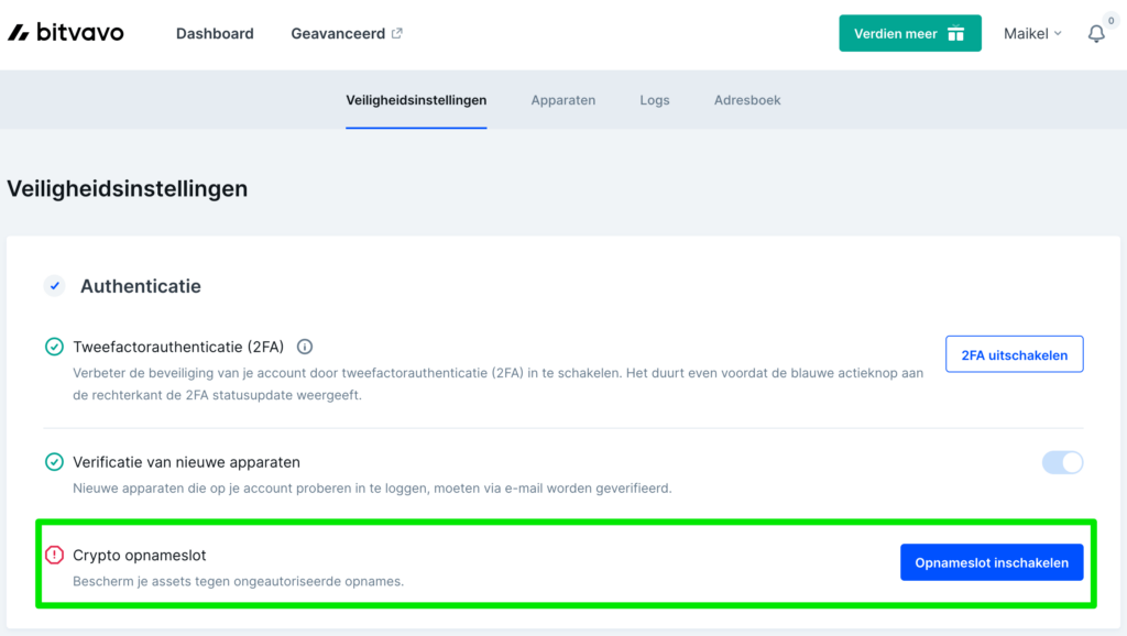 Crypto opnameslot instelling