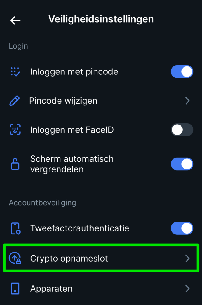 Crypto opnameslot insteloptie in Bitvavo app