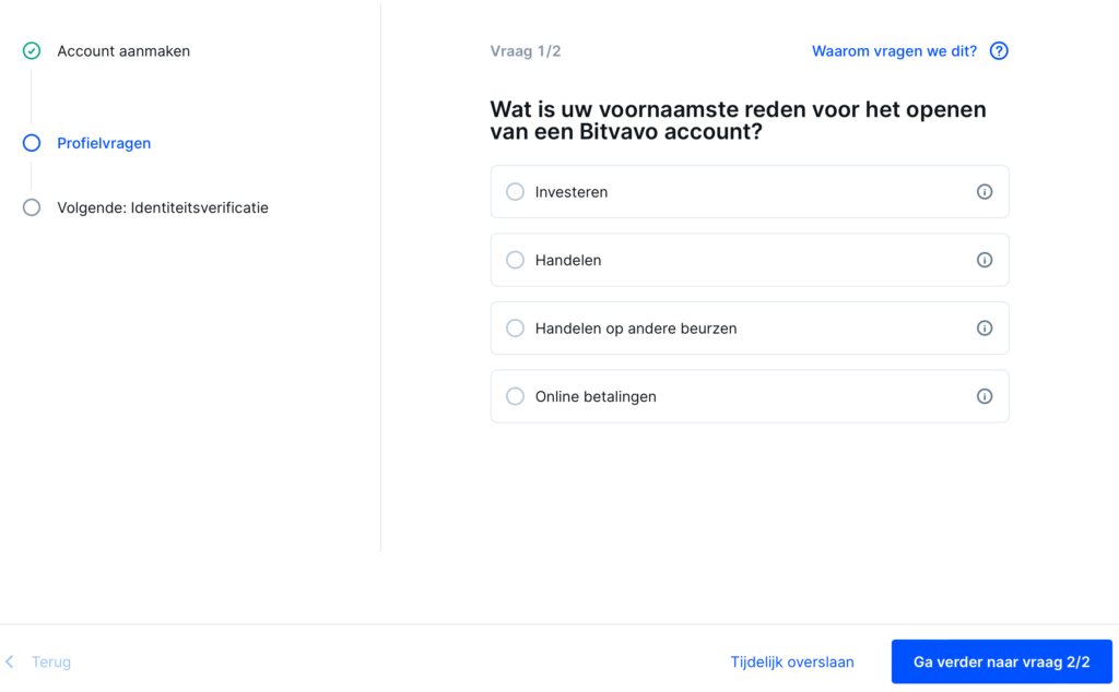 profielvragen na registratie account bij Bitvavo